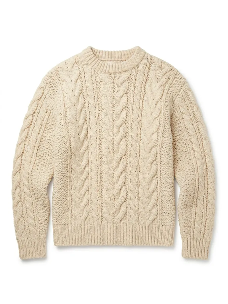 Cream cable-knit sweater on an invisible mannequin on a white background