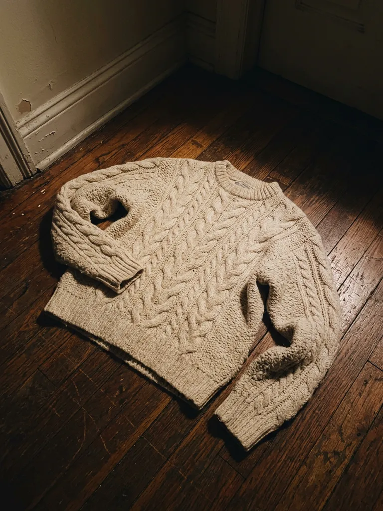 Amateur photo of a cream sweater lying on a wooden floor in poor light